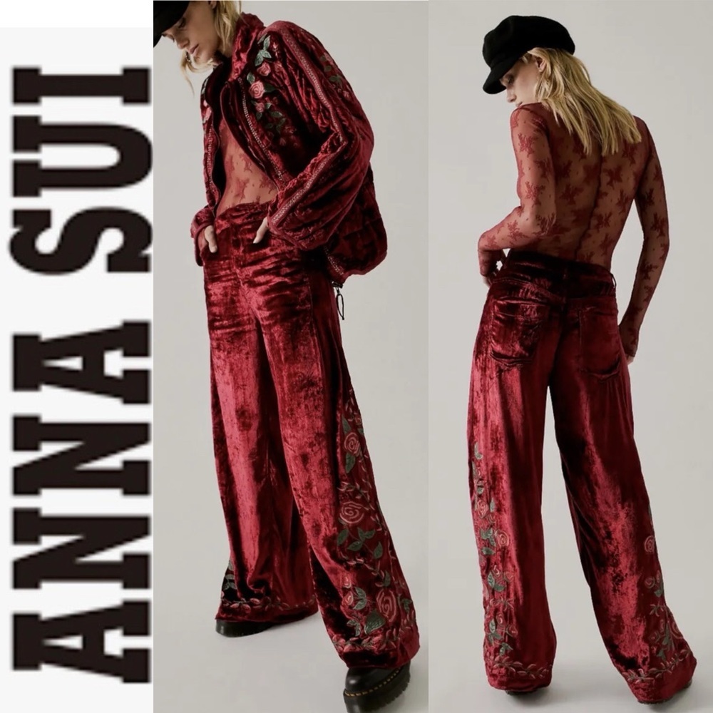 NWT Anna Sui x FP Rose Garden Velvet Rose Embroidered Pants 0
